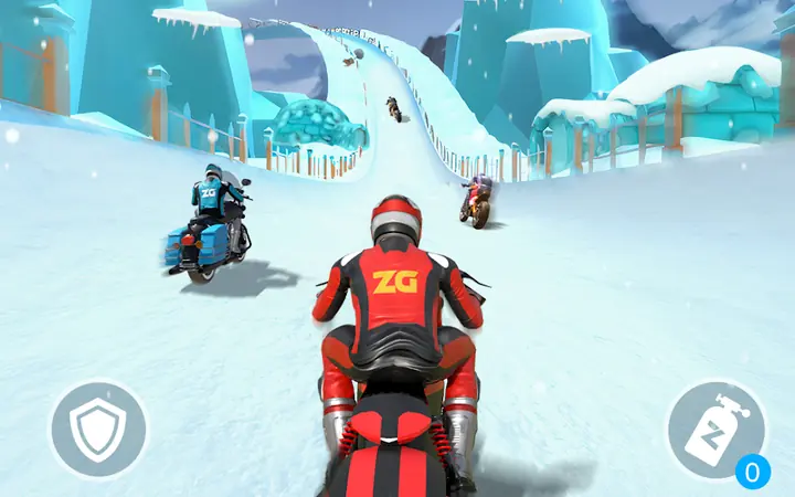 Bike Race: Racing Games screenshot — a motorbike riding an icy mountain route behind another rider