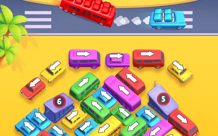 Bus Fever - Car Parking Jam screenshot — a crowded yard of coloured cars and buses with direction arrows