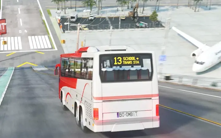 Bus Upgrade Simulator screenshot — a city bus pulling away from a stop near an airport terminal