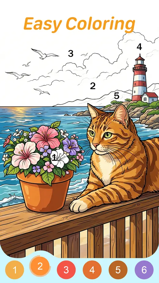 Easy Color: Color by Number screenshot — a cat and flowers line drawing ready to be coloured in