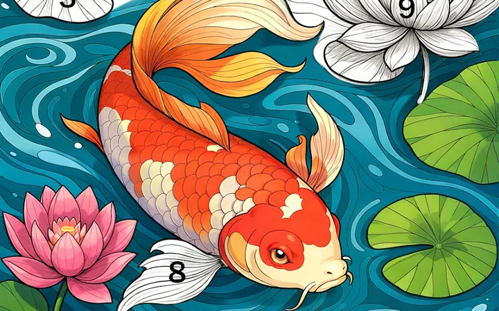 Easy Color: Color by Number screenshot — a koi and lotus canvas partly filled in by number