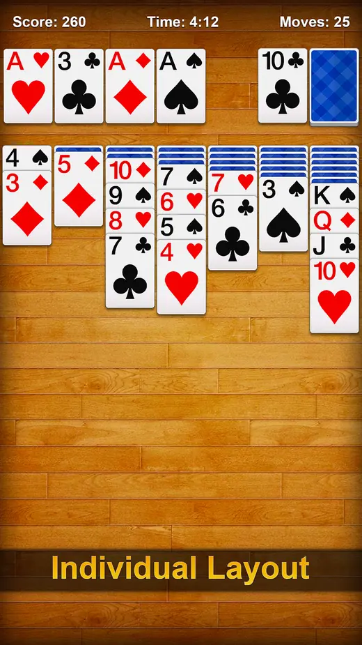 Solitaire - Classic Card Games screenshot — a Klondike layout on a timber table background